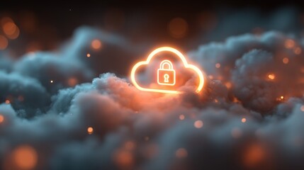 Glowing Orange Cloud Security Icon in Smoky Dark Environment