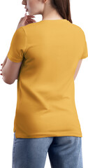 Mockup of a yellow t-shirt with a pocket, v-neck on a girl, png, back view