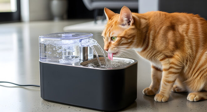 Thirsty Feline An Orange Cat Drinks from a Modern Water Fountain