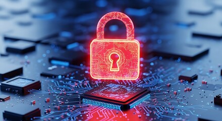 A glowing red padlock hovers above a microchip, symbolizing digital security and data protection in the age of cybersecurity threats