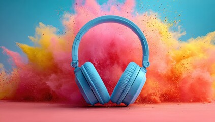 Vibrant headphones amidst a colorful explosion