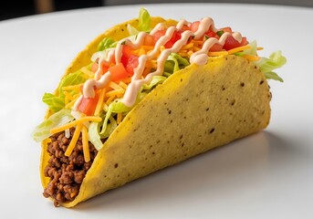 A delicious and classic crunchy hard-shell taco filled with seasoned ground beef, fresh lettuce, shredded cheese, and tomatoes on a white background