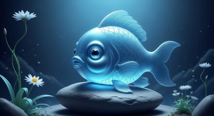 Luminous blue fish on stone with flowers