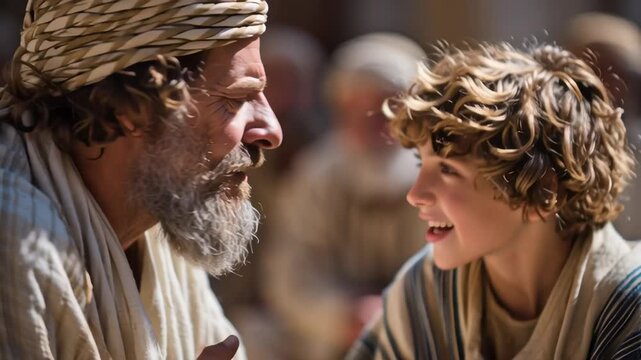 Young boy with curly brown hair sits among older men, listening and asking questions in a temple setting. Biblical story concept.