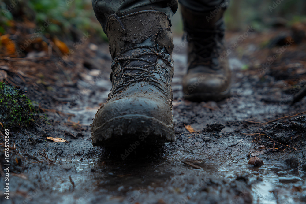 Poster walking on path in autumn season forest generative ai
