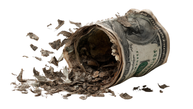 A rolled-up dollar bill, damaged and filled with dirt, is bursting open