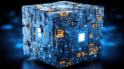Dazzling cube composed of glowing lights emitting a radiant energy in a futuristic digital environment