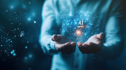 Businessman interacting with futuristic holographic display showing data and global connections in modern office