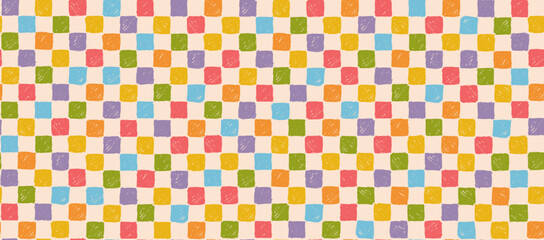 Seamless abstract childish checkered pattern. Colorful hand drawn texture rough squares grid, vector playful checkerboard print