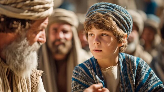 A boy with a serious expression talks to an elderly man who is deep in conversation. A biblical scene demonstrating spiritual wisdom.