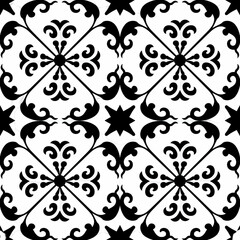 Black and white repeating floral tile pattern