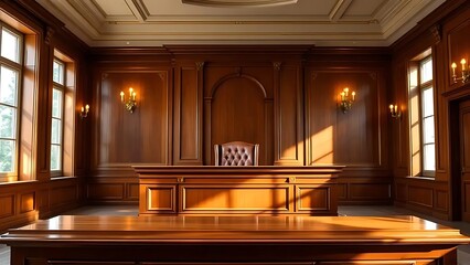 Empty courtroom with wooden judge desk, leather chair, and warm sunlight streaming through windows, symbolizing justice and law