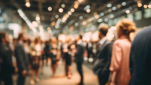 Blurred view of a large crowd in a convention hall