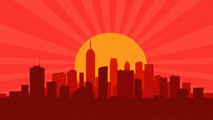 Fototapeta premium Silhouette of a city skyline with buildings and a rising sun, creating a warm, stylized cityscape.