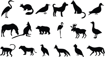 Silhouettes of diverse animals including birds, mammals, and wildlife species, arranged in rows for educational, artistic, and design purposes