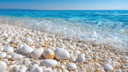 Seashells and pebbles on a pristine beach. Crystal clear turquoise water gently laps the shore