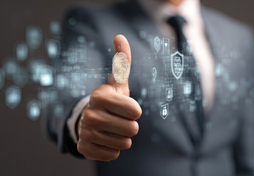Businessperson's thumb displaying fingerprint scan overlaid with security icons