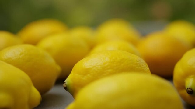 Animation of a group of lemons. Many lemons slowly rotate in the background in space. Horizontal composition. Defocus. Close-up.