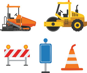 Clean vector illustrations present essential road construction equipment, featuring an asphalt paver, heavy roller, safety barrier, and traffic cone.