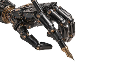 A metallic robot hand holding a pen