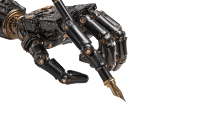 A metallic robot hand holding a pen