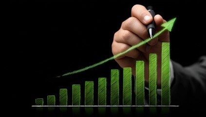 Hand drawing a rising green graph on a dark surface