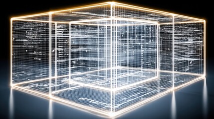 Futuristic data structure concept featuring a cube with a glowing grid illuminating the inner space of the object