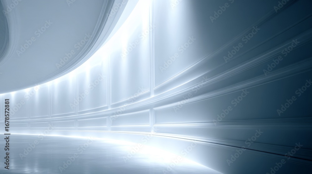 Poster this image showcases a futuristic hallway with smooth curves and soft lighting. the sleek design giv