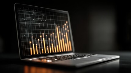 Laptop featuring a lit chart displaying a rising trend graph representing future technological developments