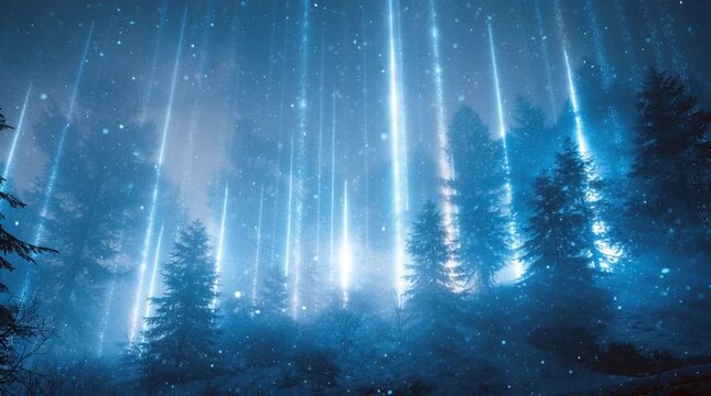 Abstract winter forest with glowing blue light streaks, mist, and snow particles in a dreamy futuristic fantasy style
