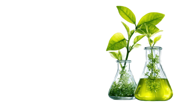 Plants in beakers, scientific research