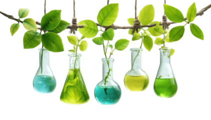 Hanging beakers with vibrant leaves