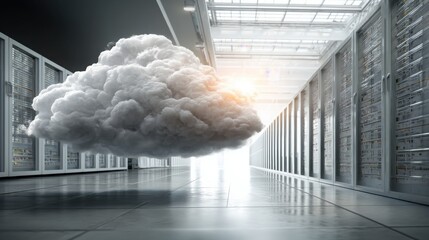 Cloud computing concept with a cloud hovering above secure server room representing encrypted data protection