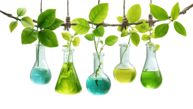 Hanging beakers with vibrant leaves