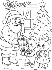 Charming kittens in vintage outfits celebrate Christmas and winter. Coloring pages include skating, fireplace, Santa letters, wreaths, gifts. Perfect black and white festive illustrations for kids.