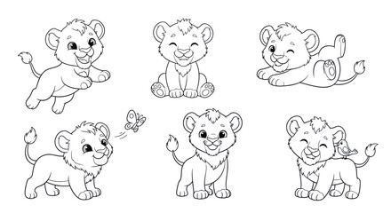 Adorable lion cubs in playful poses are perfect for children's coloring books