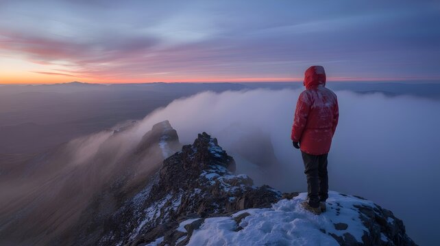 Solitude's Embrace: A solitary figure, clad in a vibrant jacket, stands atop a rugged mountain peak, lost in thought as the soft embrace of a sunrise. 
