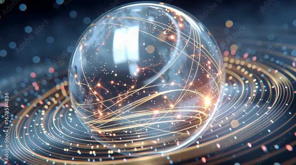 Poster data sphere: a transparent sphere encased by interconnected lines and rings, representing data flow 