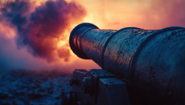 Antique cannon firing at sunset