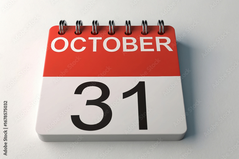 Poster close up of a red and white calendar showing the date october thirty first against a white backgroun