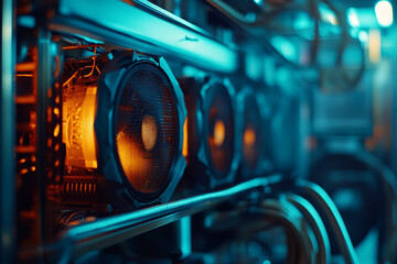 Powerful crypto mining farm with hundreds of graphics cards and neon lights for cryptocurrency blockchain data center generative ai
