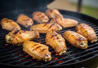 Delicious Grilled Chicken Wings on a BBQ Summer Food, Outdoor Cooking, Appetizer, Meat, Grill, Closeup.