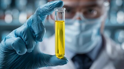 Scientific Discovery: A gloved scientist holds a vial with a yellow liquid. The image captures the essence of laboratory research.