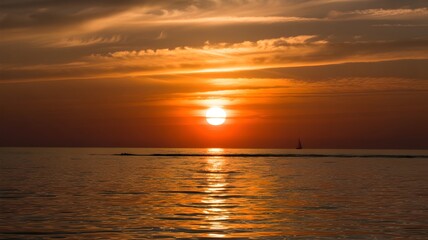 Fototapeta premium Golden Hour Symphony: The radiant sun descends over the tranquil ocean, painting the sky in hues of gold and orange, a mesmerizing dance of light and shadow.