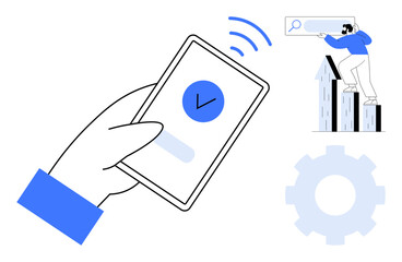 Hand holding smartphone with checkmark icon, man climbing bar graph performing search action. Ideal for productivity, data analytics, technology, achievements, online services, efficiency, simple