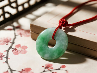 Close-up of Jade Pi Disc Pendant with Red Knot