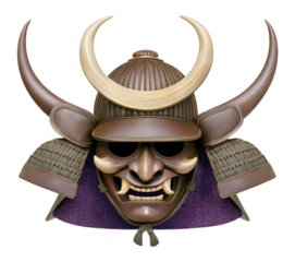 Fearsome Japanese Samurai Kabuto helmet with crescent and bull horns, and demonic Oni Mempo mask, Isolated on Transparent and White Background