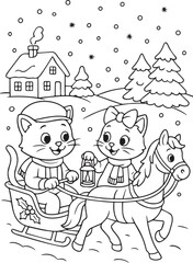 Charming kittens in vintage outfits celebrate Christmas and winter. Coloring pages include skating, fireplace, Santa letters, wreaths, gifts. Perfect black and white festive illustrations for kids.