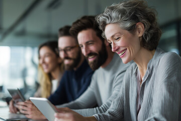 Happy diverse business team collaborating and using digital tablets in modern office environment