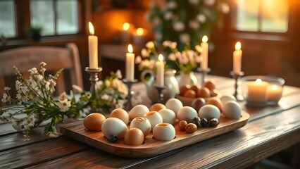 A rustic wooden table glows with candlelight, cradling a tray of multicolored eggs&mdash;serene, seasonal, and warmly inviting.